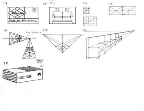 Sheet of perspective construction, geometric drawing, and drafting exercises completed by hand.