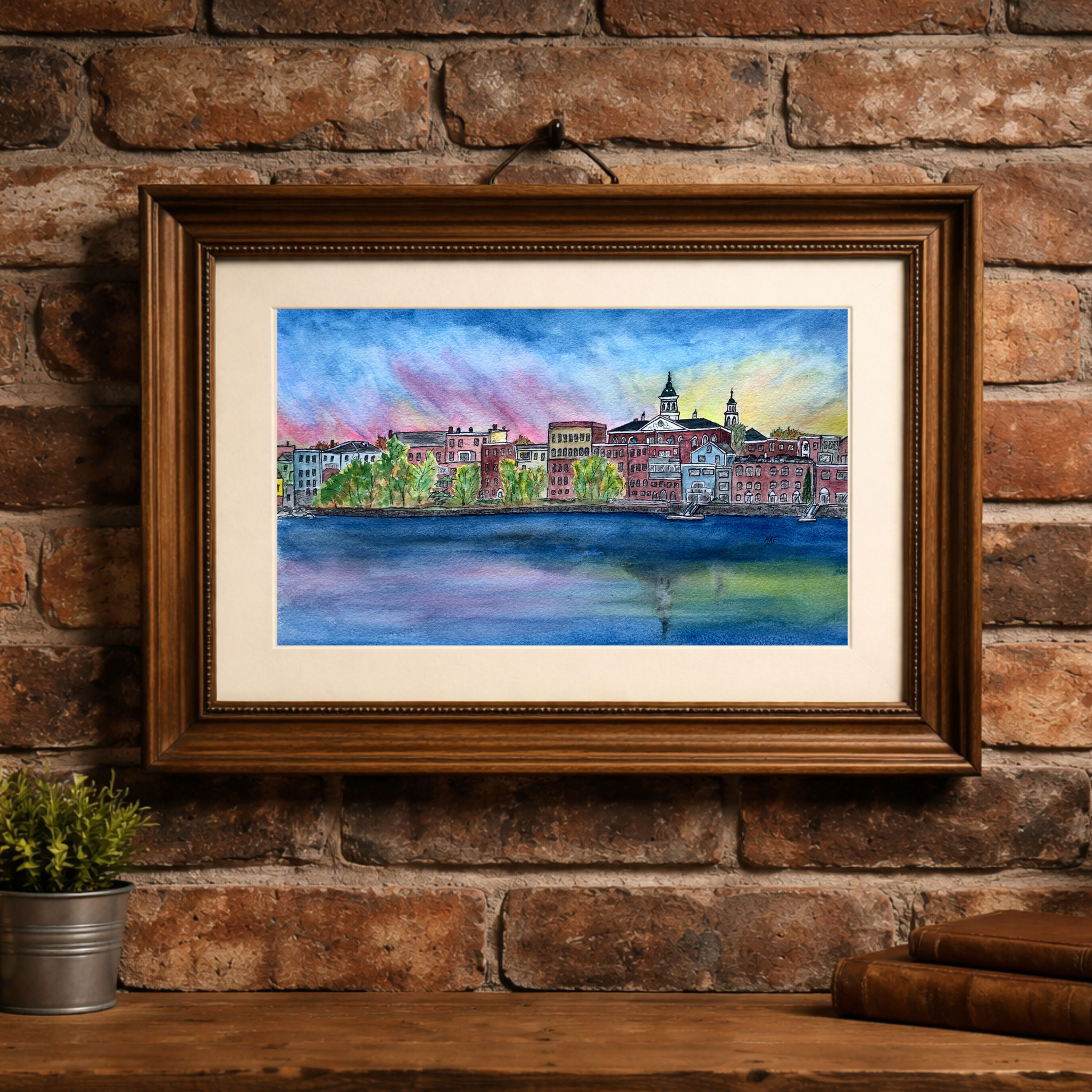 Exeter NH Skyline Squamscott River - Landscape Watercolor Art Print