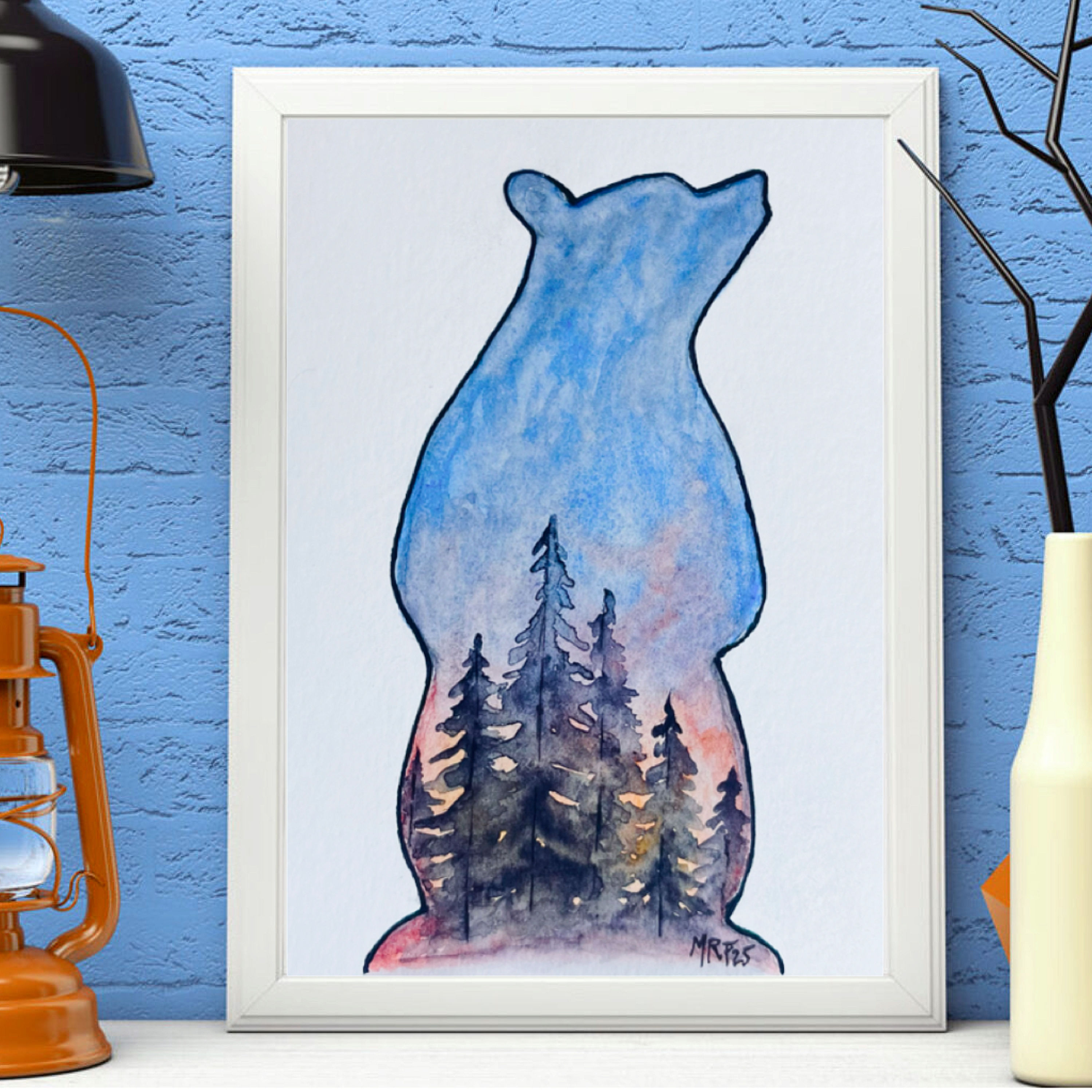 Bear Silhouette - NH Wilderness Scene Watercolor Art Print