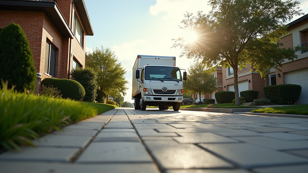 Eye-level view of a clean driveway with a junk removal truck parked
