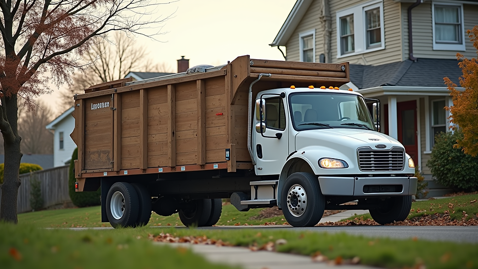 Eye-level view of a junk removal truck parked outside a residential home