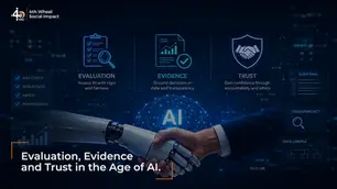 AI and robot handshake with evaluation evidence and trust icons above them