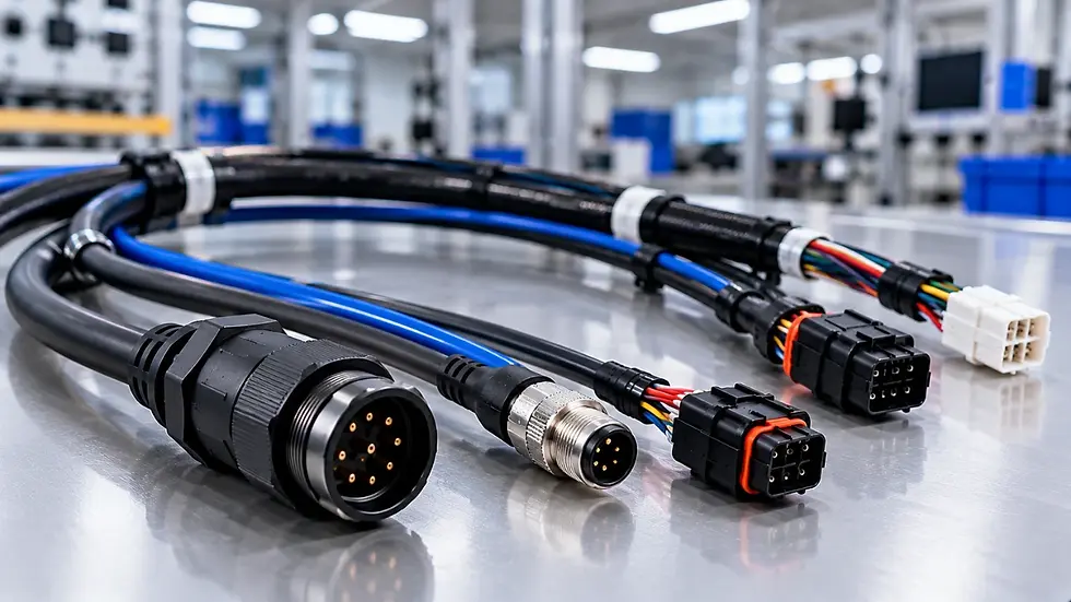 Bundled black, blue, and multicolored cable harnesses and connectors in a bright factory lab