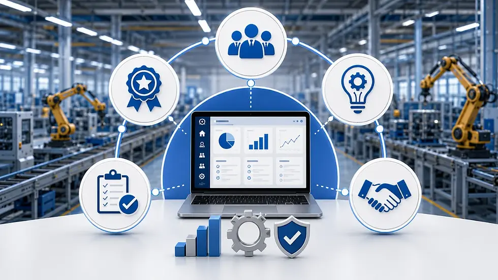 Custom ERP software interface with industrial workflow icons