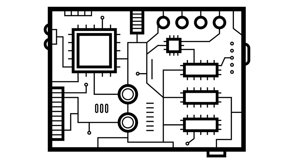 Circuit board layout with electrical and electronic symbols