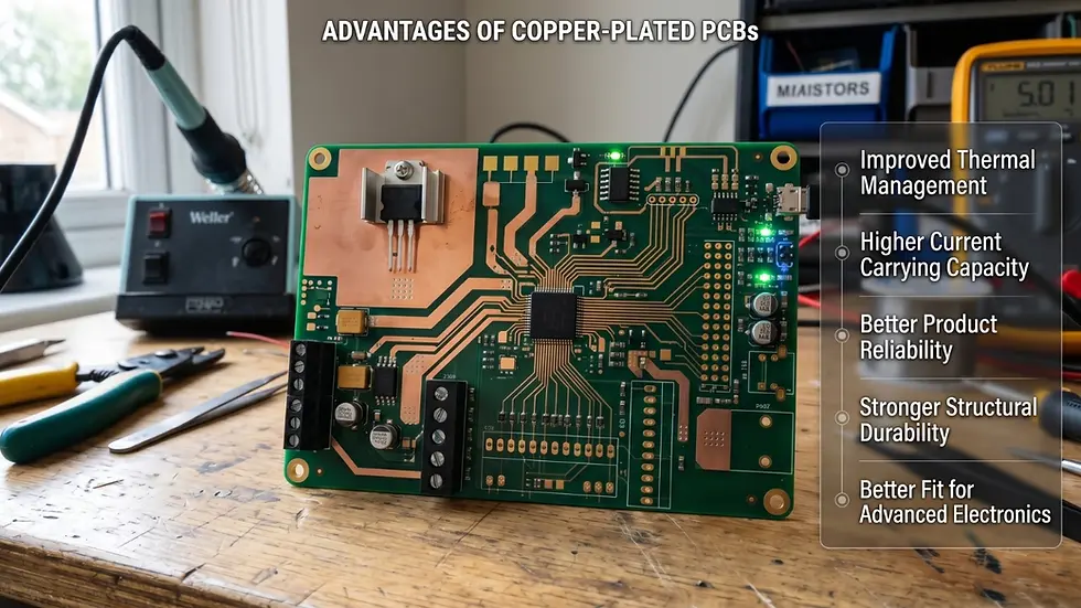 copper plated PCB on a workbench with copper traces and electronic components