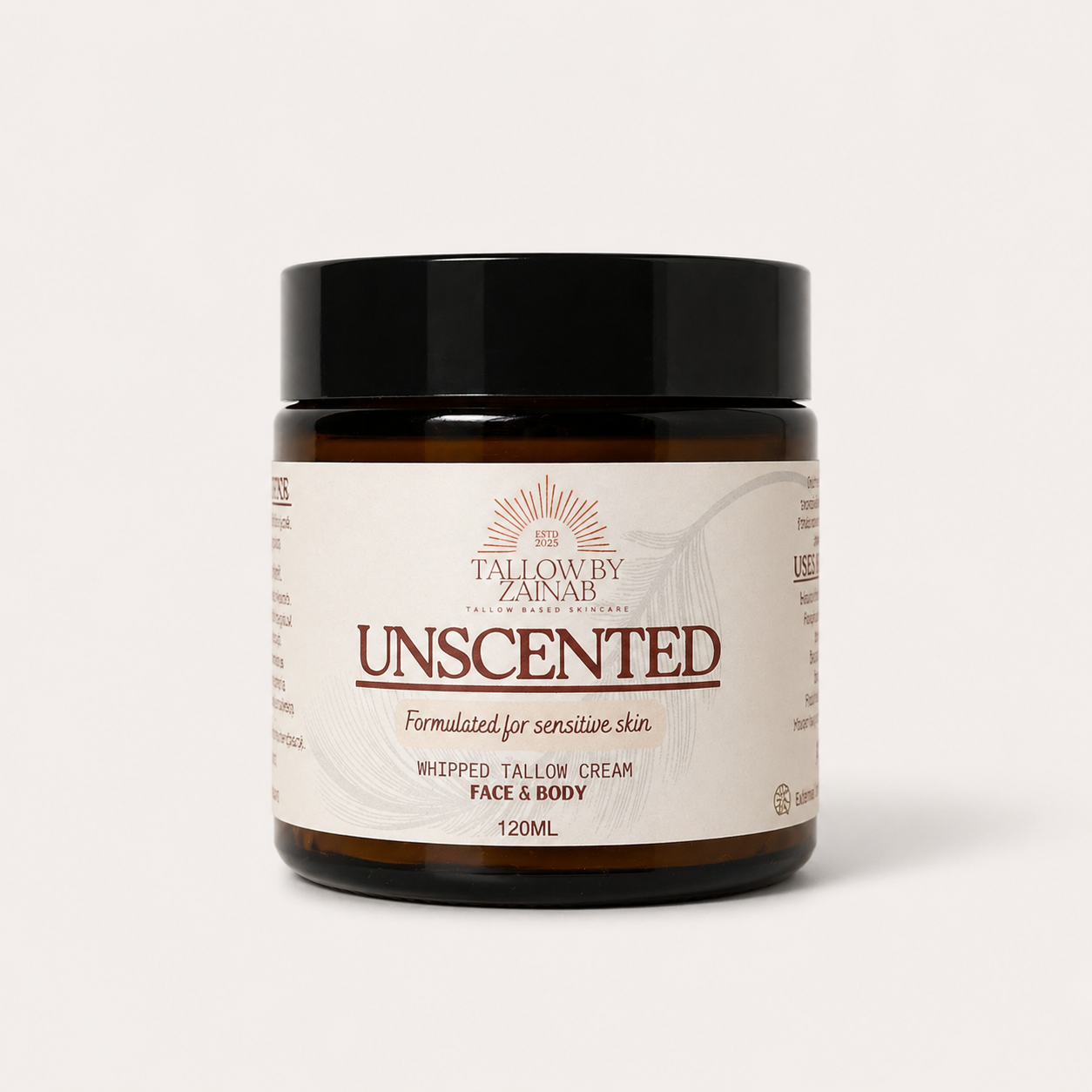 Unscented whipped tallow balm for sensitive skin in amber jar