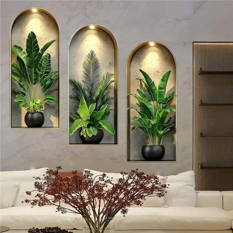 2D Watercolor Plant Wall Stickers Set of 3, Self-Adhesive PVC