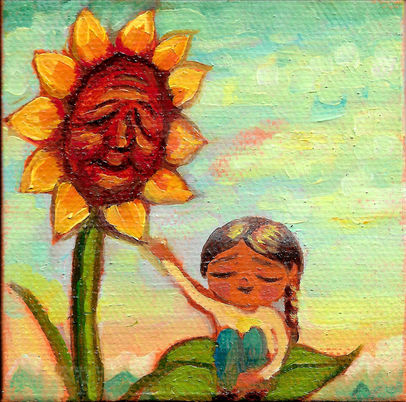 Mini canvas painting depicting a small girl sitting on a sunflower leaf