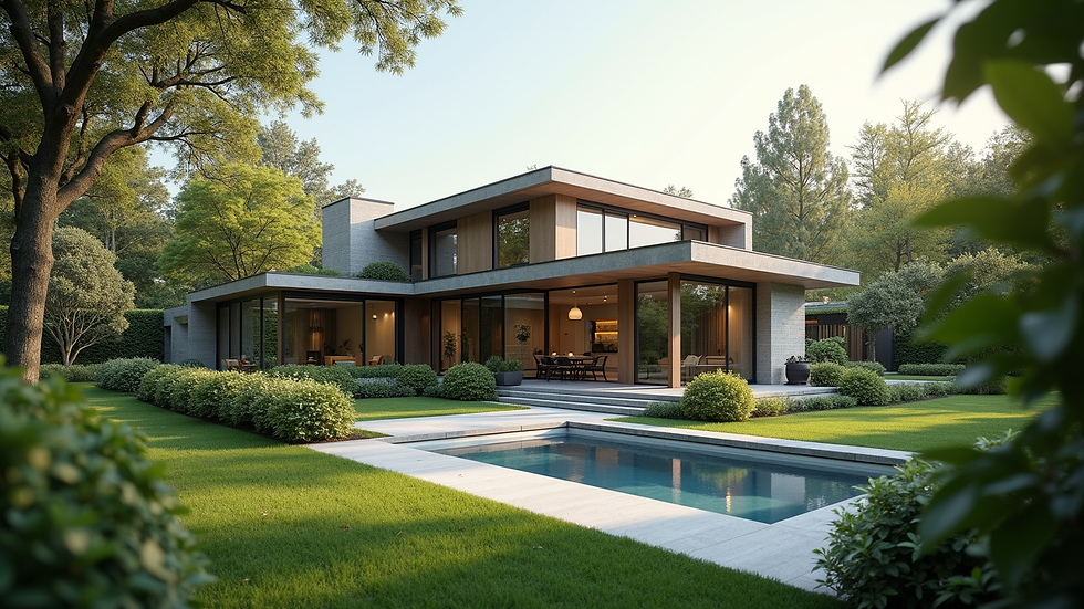 Wide angle view of a modern home with a well-maintained garden