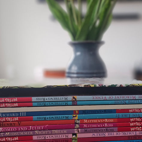 Stack of colorful children's books on Shakespeare on a wooden table, with titles visible. The mood is educational and whimsical. 