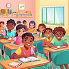Closeup of beautiful multicolor classroom where many children students are sitting and st