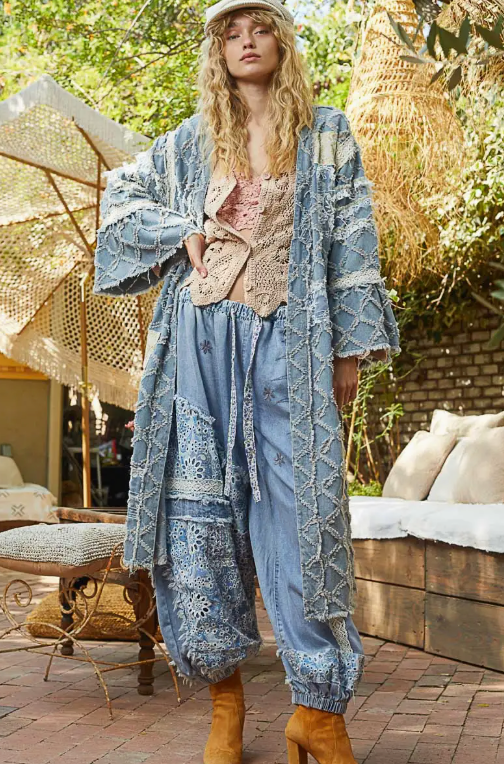 Thumbnail: V-neck flared sleeve lace denim cardigan top