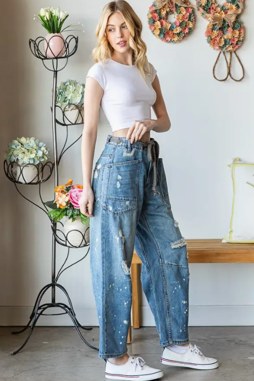 Thumbnail: WASHED DRAWSTRING WAIST DISTRESSED DENIM JEANS
