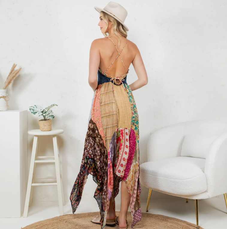 Thumbnail: Handkerchief Hem Patchwork Midi Dress