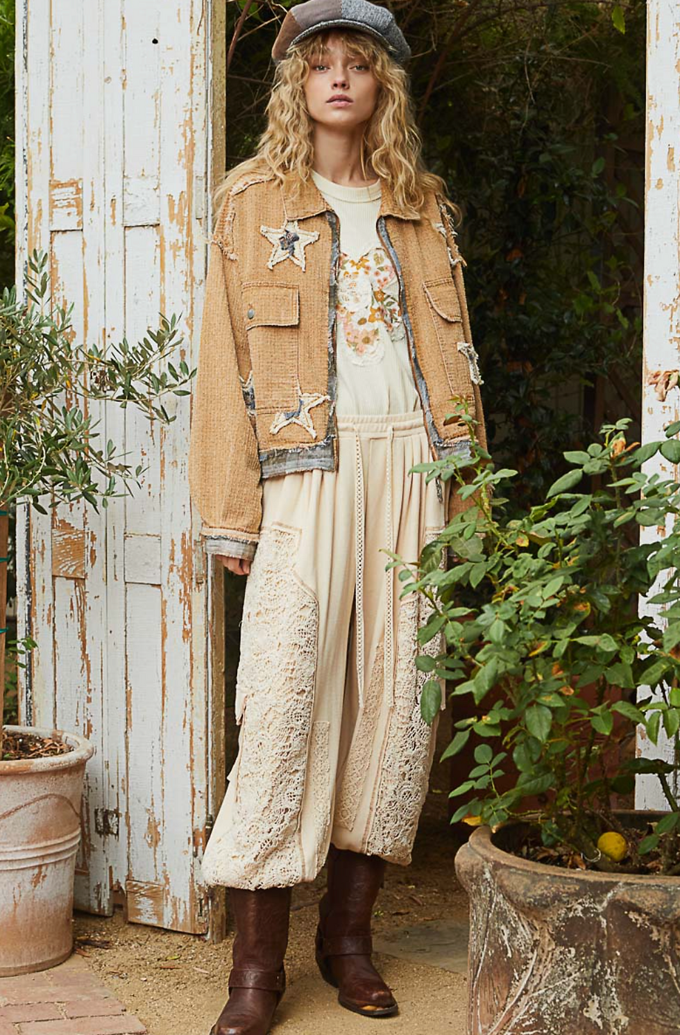 Thumbnail: Star patches textures twill jacket: MOCHA