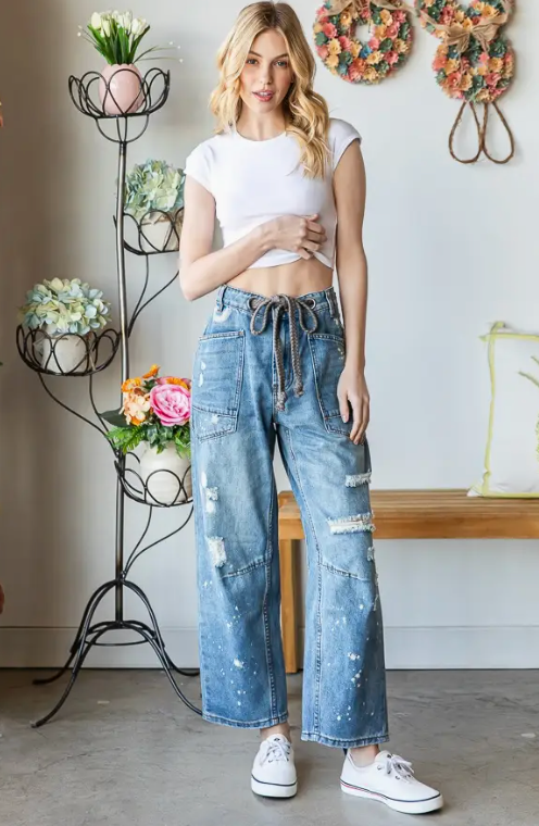 Thumbnail: WASHED DRAWSTRING WAIST DISTRESSED DENIM JEANS