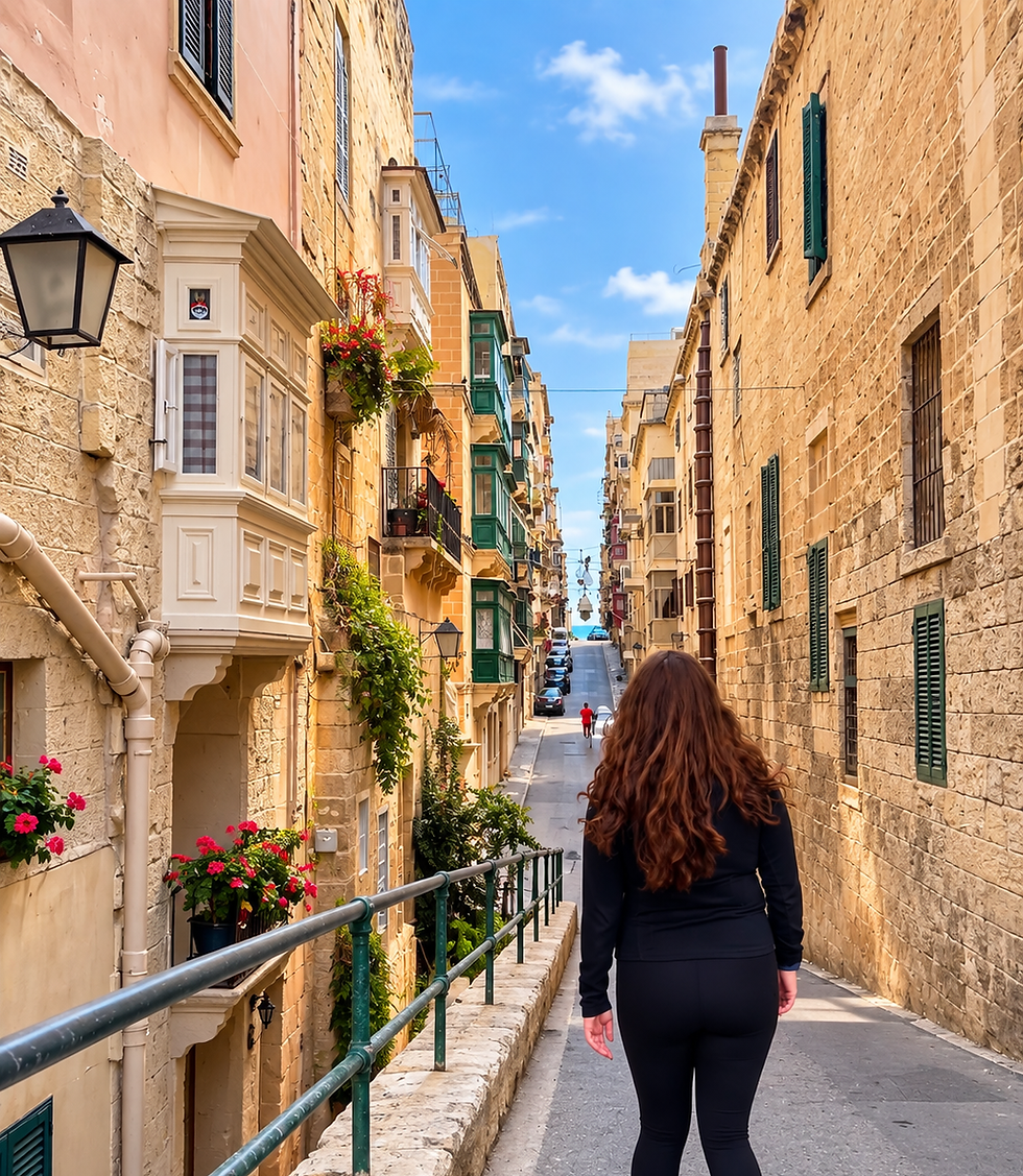 Mujer caminando por callejuela de Malta para estudiar y trabajar.