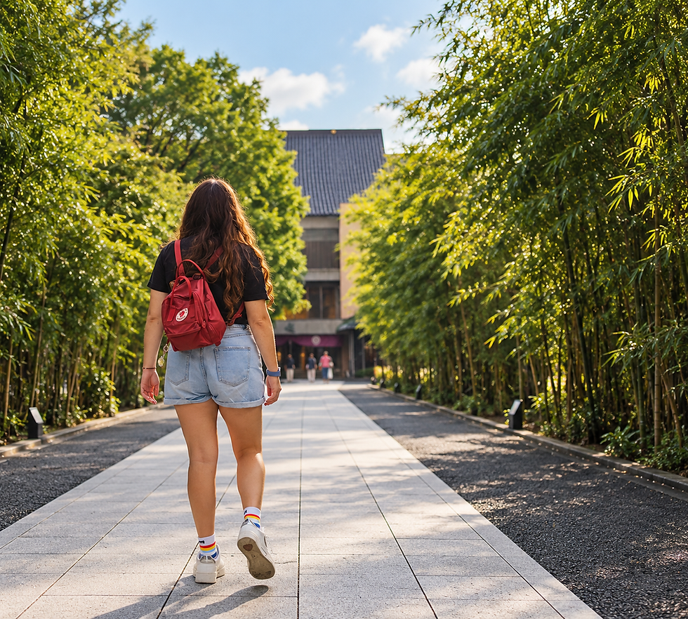 Mujer caminando por sendero para estudiar y trabajar en el extranjero