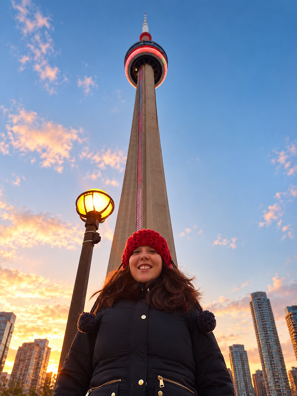 Mujer sonriente frente a la Torre CN para estudiar y trabajar en Canadá