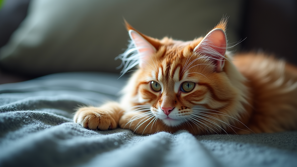 Eye-level view of a Siberian cat comfortably resting on a lap