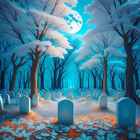 Firefly crisp background with headstones in a forest with vibrant azure trees with white l