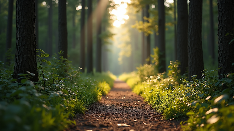 Wide angle view of a serene forest path