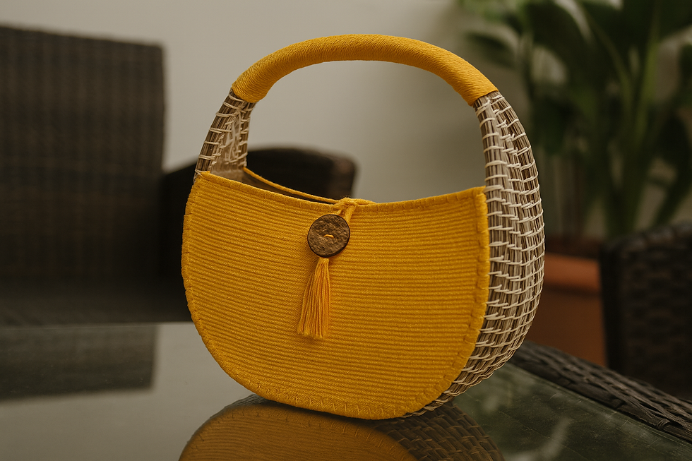 Eye-level view of a display of authentic artisan bags in a market setting
