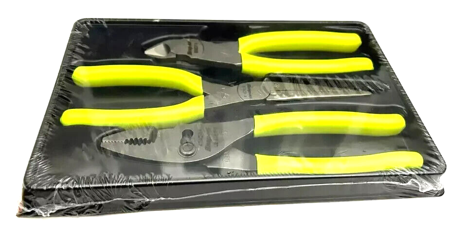 New Snap-on™ PL307ACFHV HI-VIZ YELLOW 3pc Soft Grip Pliers / Cutters Set