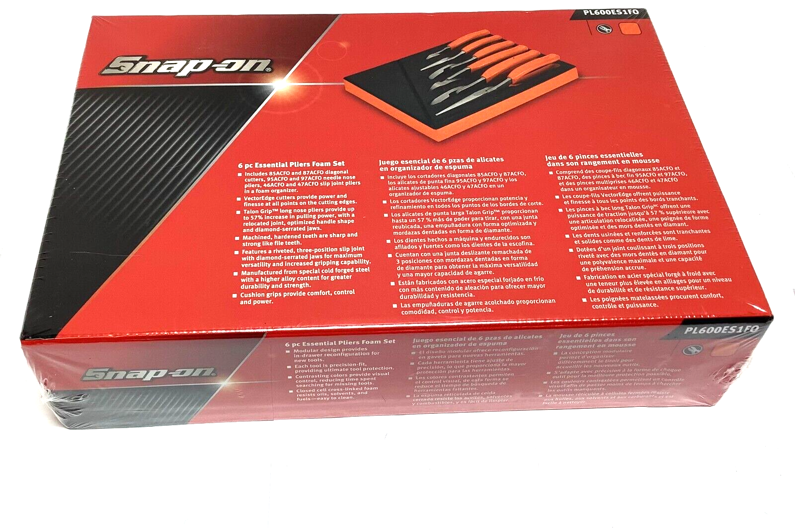 New Snap-on™ PL600ES1FO 6-piece Essential Pliers Orange Soft Grip in Foam