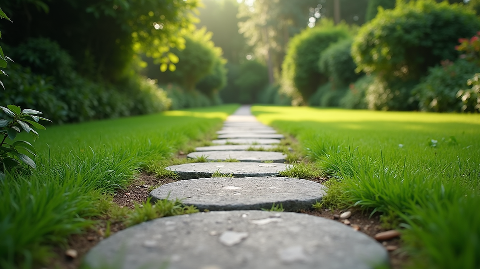 Eye-level view of a stone pathway winding through a lush green garden