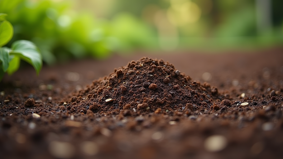 Close-up view of fresh mulch spread on garden bed