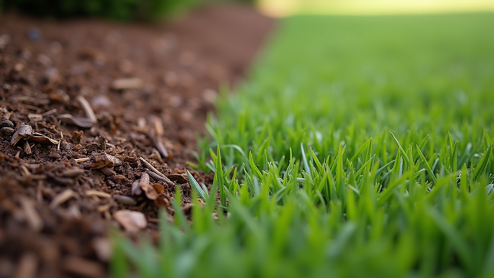 Close-up view of a power-edged garden bed with fresh mulch and a sharp grass line