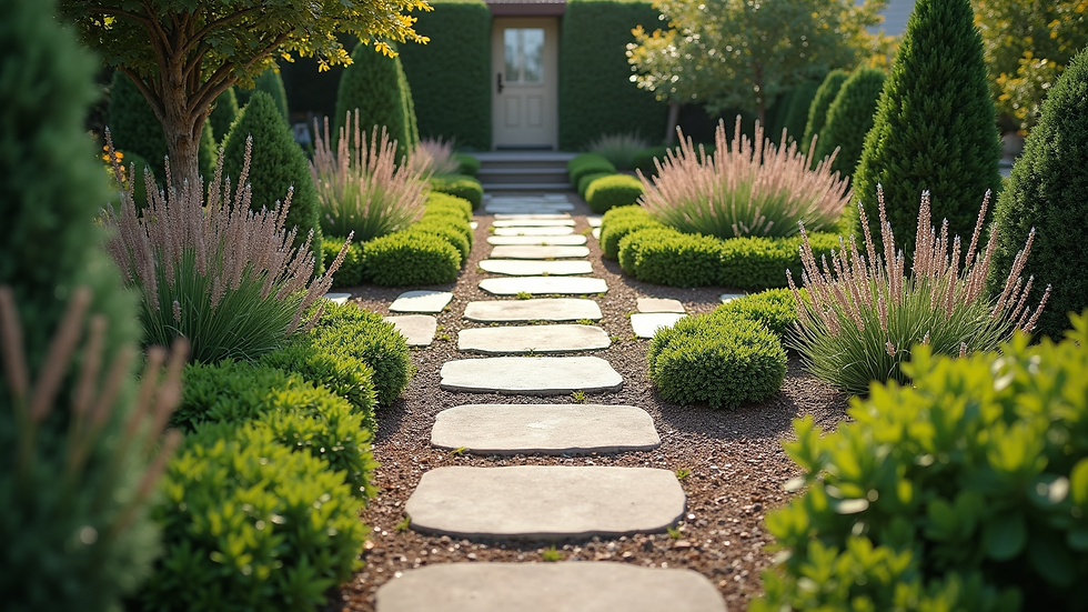 High angle view of a landscaped yard with stone pathways and garden beds