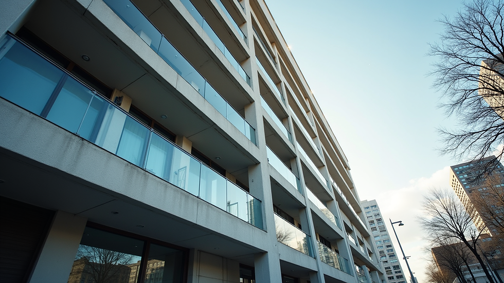 Eye-level view of a modern apartment building exterior