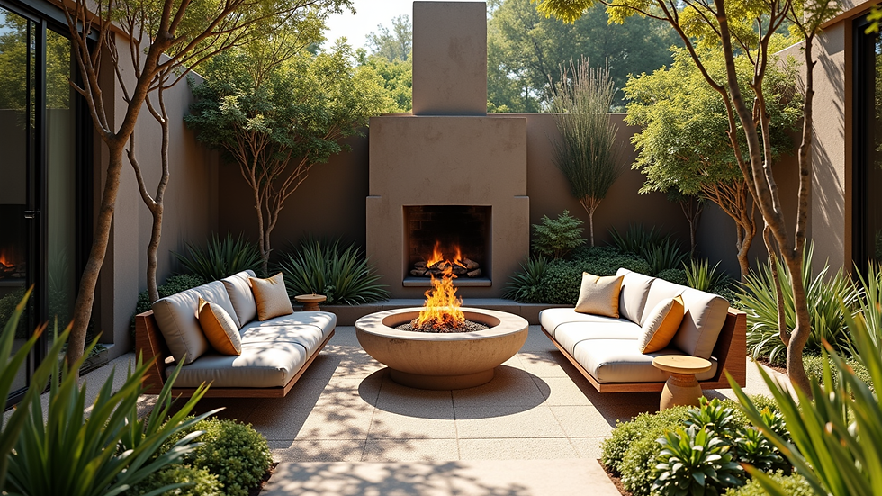 Eye-level view of a cozy backyard seating area with fire pit and native plants