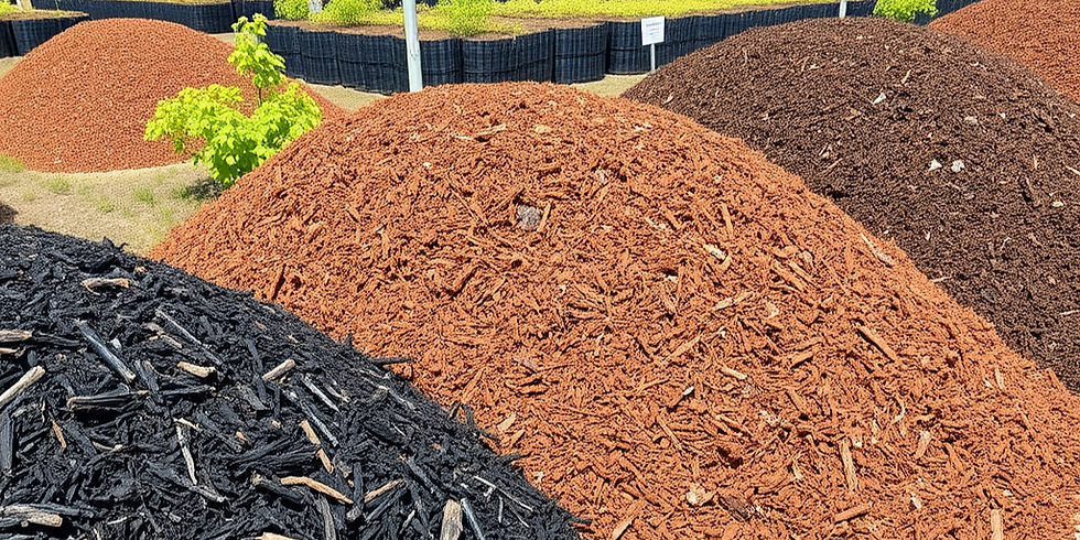 Mounds of colorful mulch in black, red, and brown are arranged outdoors with a green tree and black fence in the background.