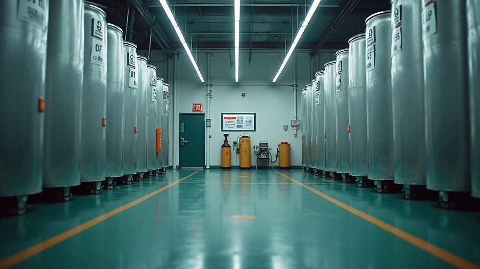Eye-level view of a chemical storage facility with safety signage