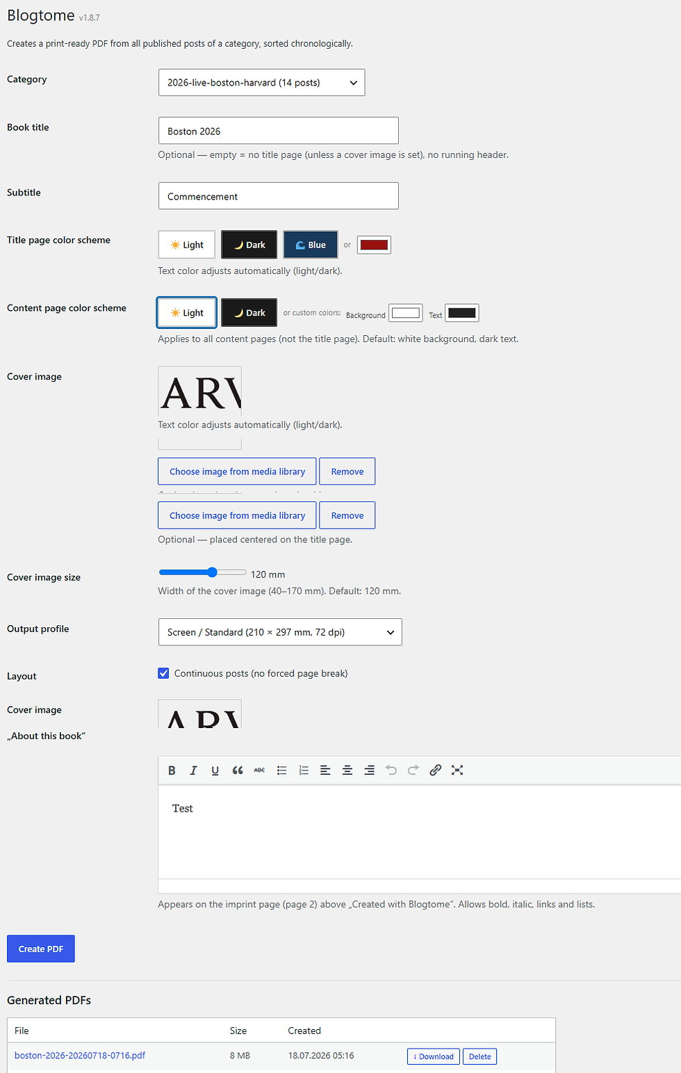 The plugins admin panel and its options