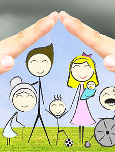 The hand drawing of happy big family on the green field and blue sky background under 2 op