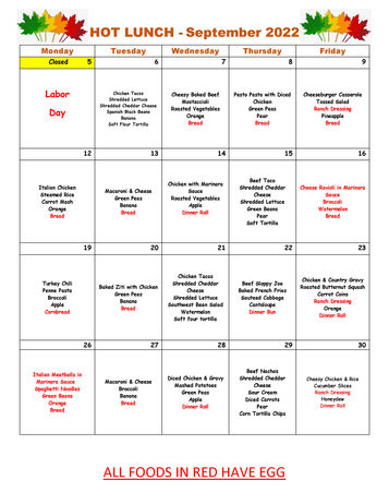 September 2022 Lunch Menu