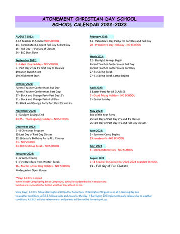 2022-2023 ACDS School Calendar