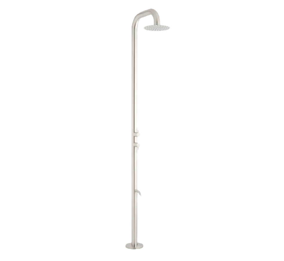 Signature Hardware Marisol freestanding outdoor shower 2026 — marine-grade stainless, rainfall, minimalist estate design