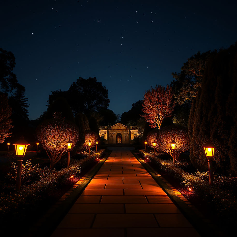 Dark sky compliant landscape lighting on luxury estate — warm 2700K downward-directed path lights with visible night sky 2026