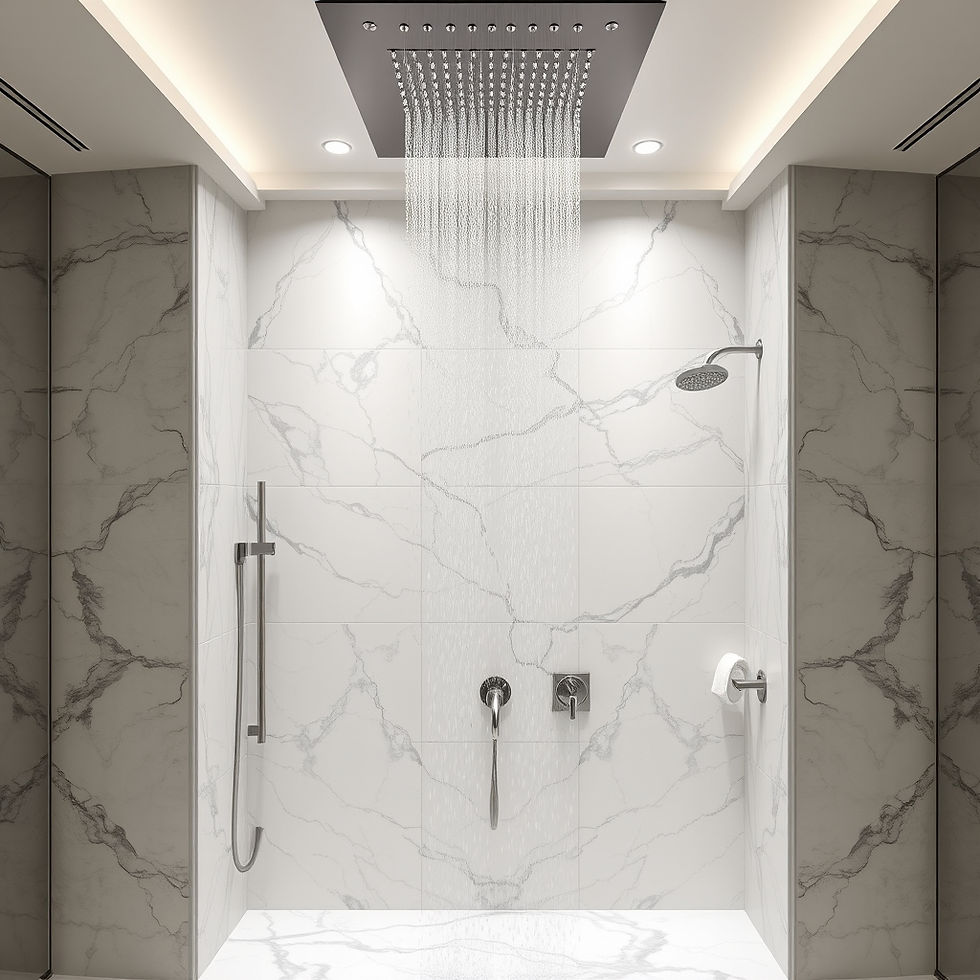 Luxury rainfall shower system installed in a modern master suite spa bathroom 2026