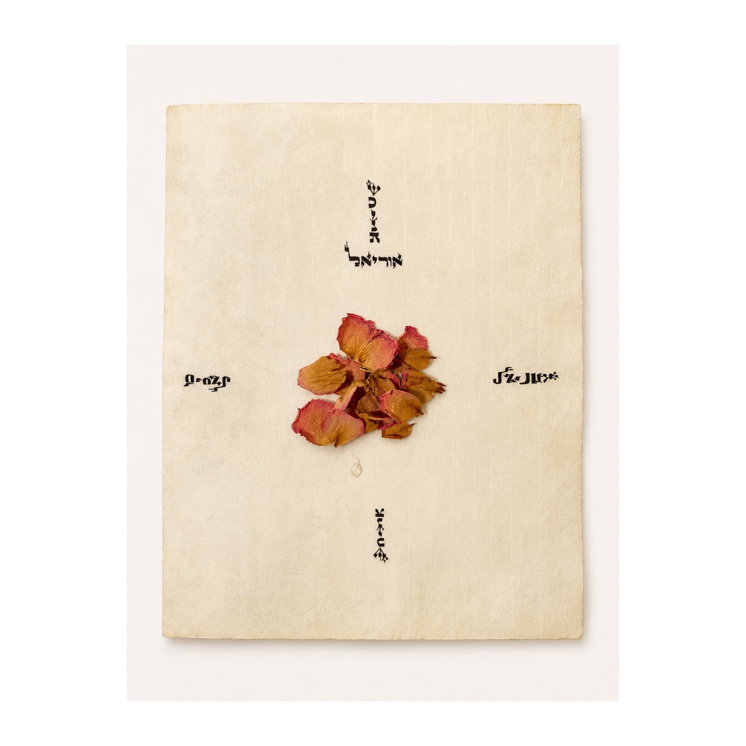 A real dried rose rests on parchment within Hebrew names of four guardian angels; its petals are intentionally decaying.