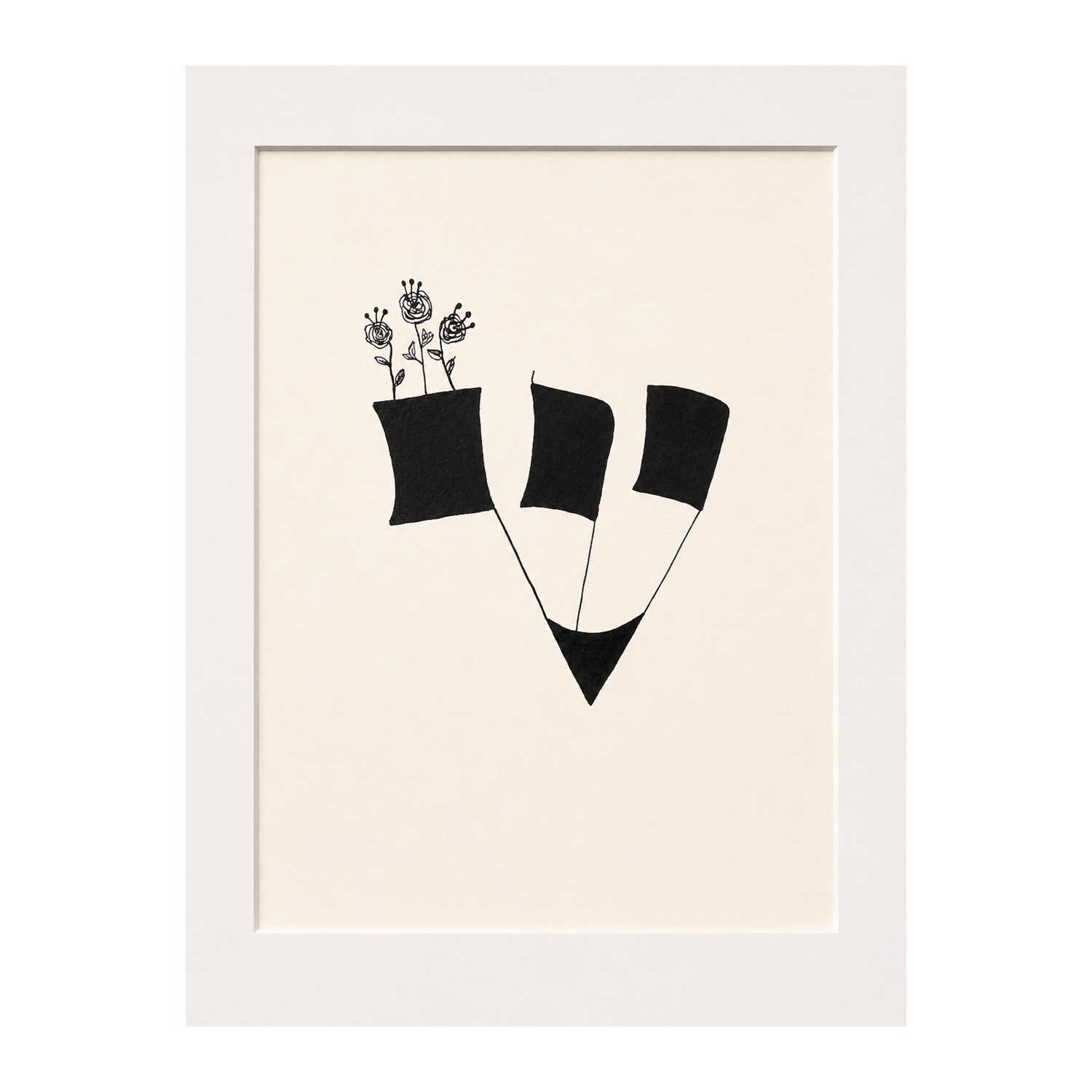 Three joined black Hebrew shin letters form a sturdy stem from which small flower-like crowns emerge.