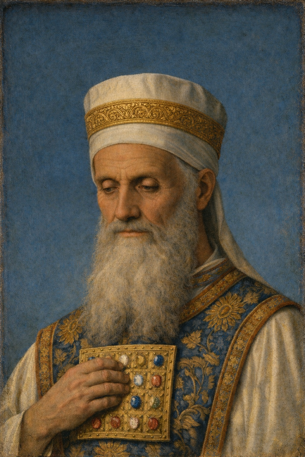 A solemn, front-facing portrait of Aaron in priestly garments, his restrained expression holding grief after the deaths of Nadav and Avihu.