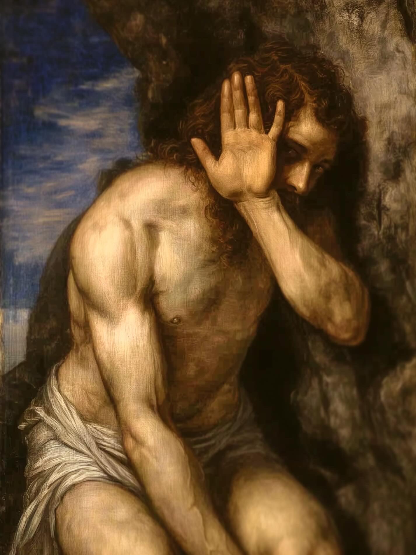 A painterly figure of Elijah shown in a tense but quiet landscape after wind, earthquake, and fire, his posture beginning to soften as he listens.
