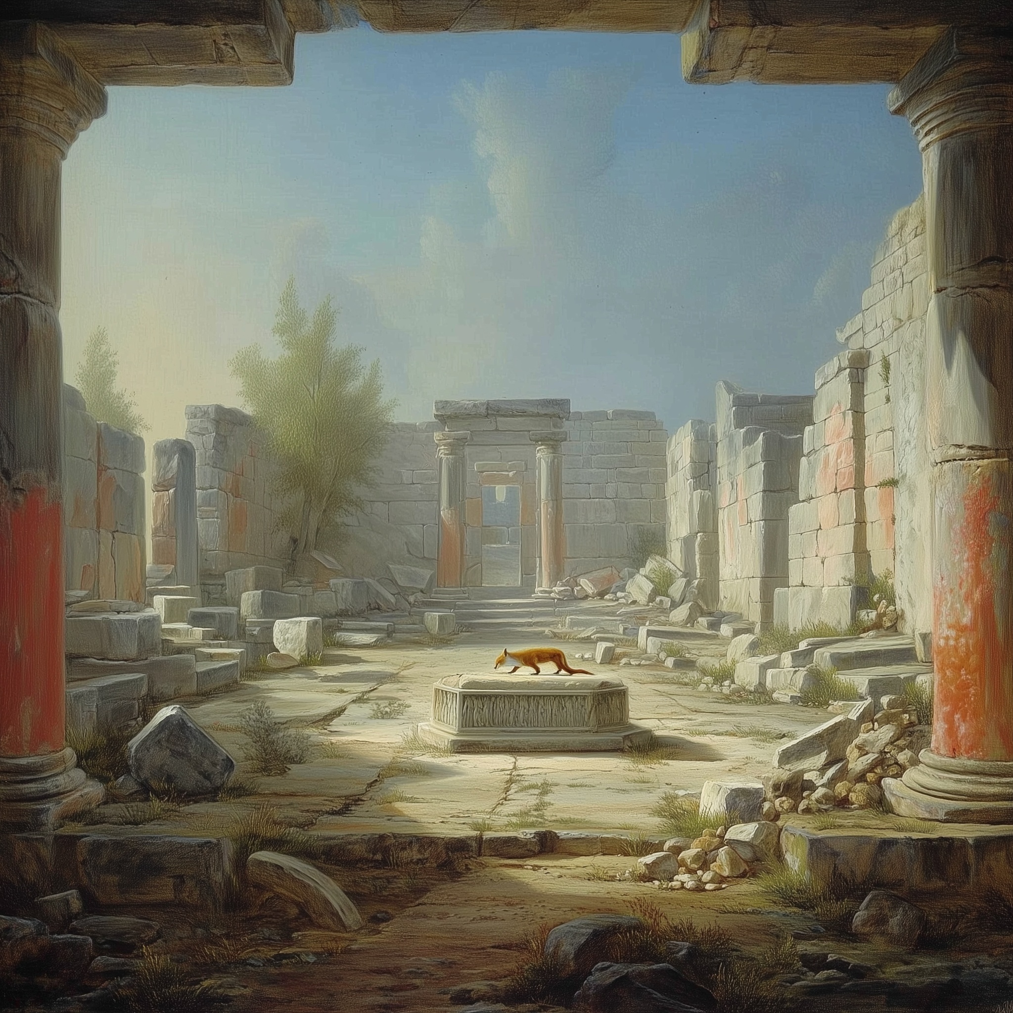 A fox walks through monumental stone ruins beneath an open sky, evoking the destroyed Temple and Rabbi Akiva’s response in Makkot 24b.